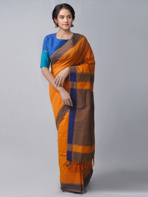 

Unnati Silks Orange & Blue Woven Design Pure Cotton Kanjeevaram Saree