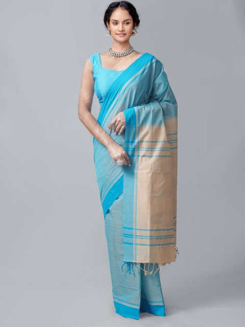 

Unnati Silks Cream-Coloured & Blue Pure Cotton Kanjeevaram Saree