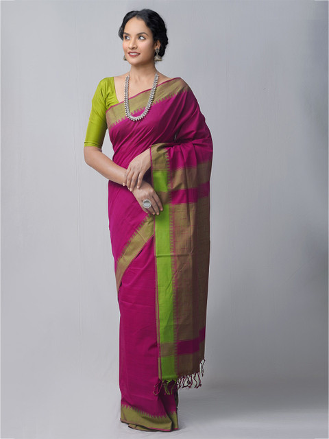 

Unnati Silks Pink & Green Zari Pure Cotton Kanjeevaram Saree
