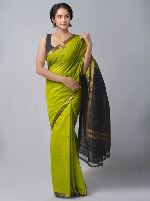 

Unnati Silks Green & Navy Blue Ethnic Motifs Zari Pure Cotton Chettinad Saree