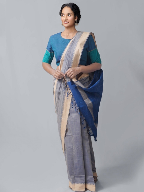 

Unnati Silks Grey & Blue Zari Pure Cotton Kanjeevaram Saree