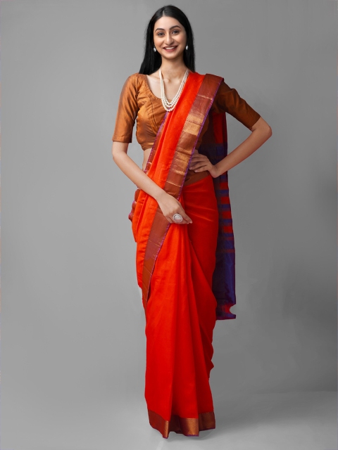 

Unnati Silks Orange & Purple Woven Design Zari Pure Silk Kanjeevaram Saree