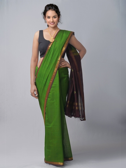 

Unnati Silks Green Ethnic Motifs Zari Pure Cotton Chettinad Saree
