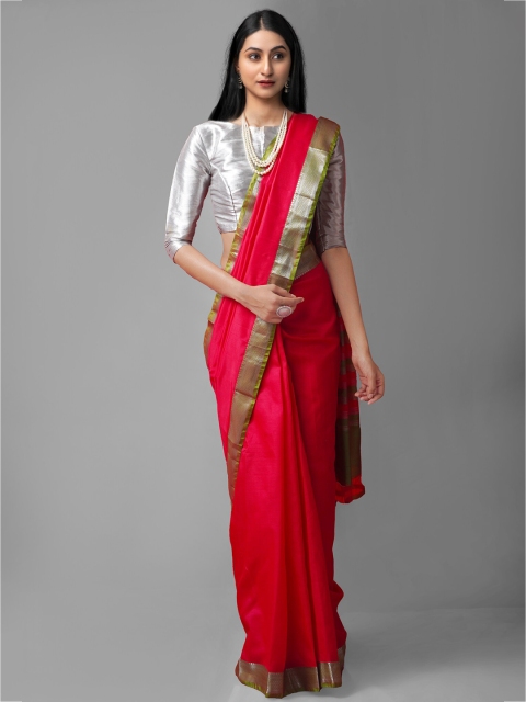 

Unnati Silks Pink & Green Ethnic Motifs Zari Pure Silk Kanjeevaram Saree