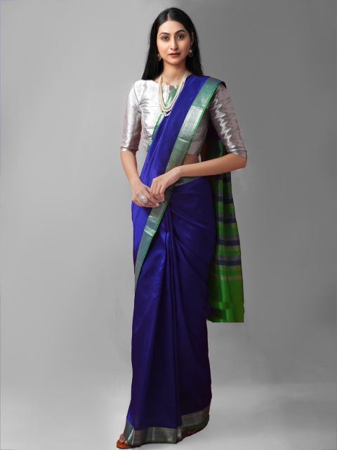 

Unnati Silks Navy Blue & Silver-Toned Woven Design Zari Pure Silk Kanjeevaram Saree