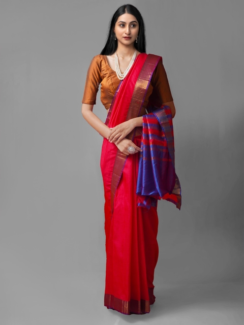 

Unnati Silks Red & Blue Woven Design Zari Pure Silk Kanjeevaram Saree