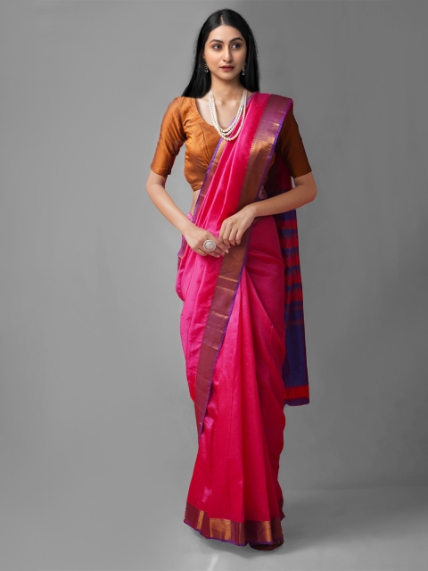 

Unnati Silks Pink & Blue Woven Design Zari Pure Silk Kanjeevaram Saree