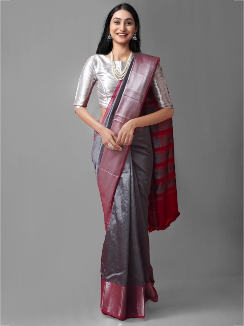 

Unnati Silks Grey & Silver-Toned Woven Design Zari Pure Silk Kanjeevaram Saree