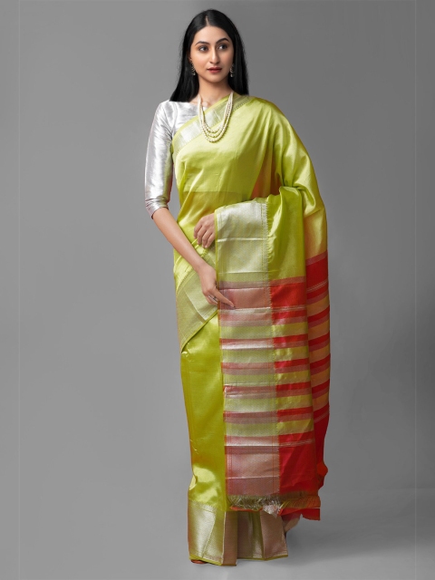 

Unnati Silks Green & Maroon Woven Design Zari Pure Silk Kanjeevaram Saree