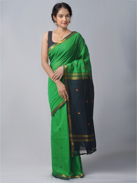 

Unnati Silks Green & Black Woven Design Pure Cotton Chettinad Saree