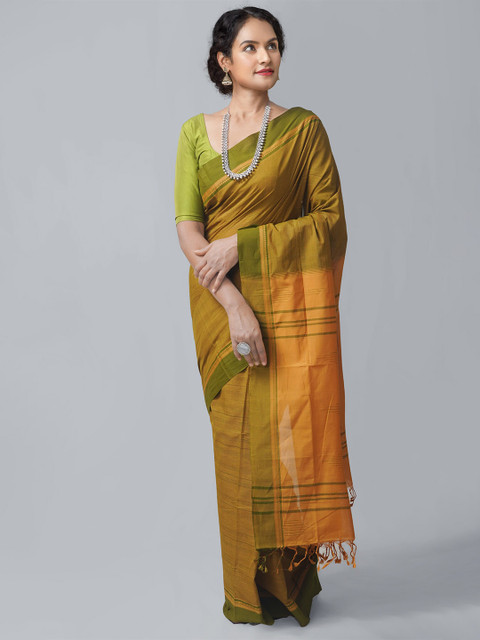 

Unnati Silks Brown & Green Woven Design Pure Cotton Kanjeevaram Saree