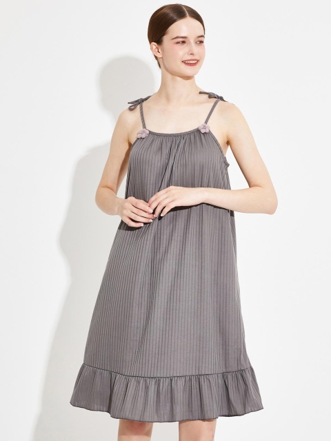 

URBANIC Grey Striped Pure Cotton Nightdress