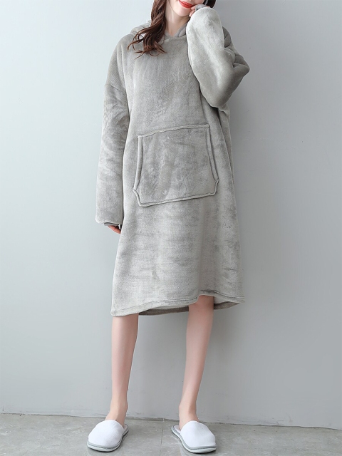 

URBANIC Grey Solid Hooded Nightdress