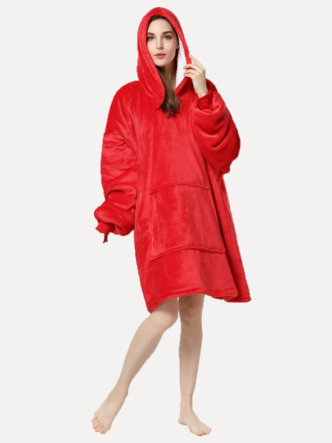 

URBANIC Red Solid Hooded Sweat Nightdress