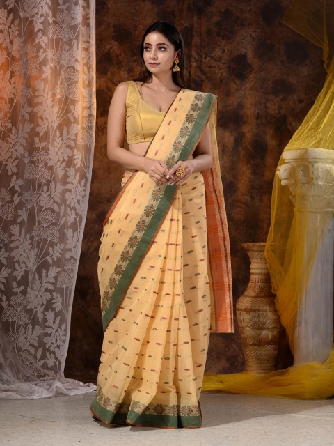 

Mitera Beige & Green Woven Design Pure Cotton Saree