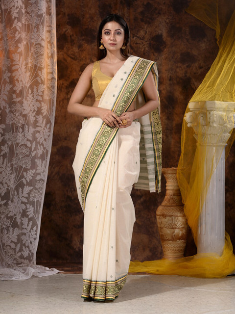 

Mitera Off White & Green Pure Cotton Saree