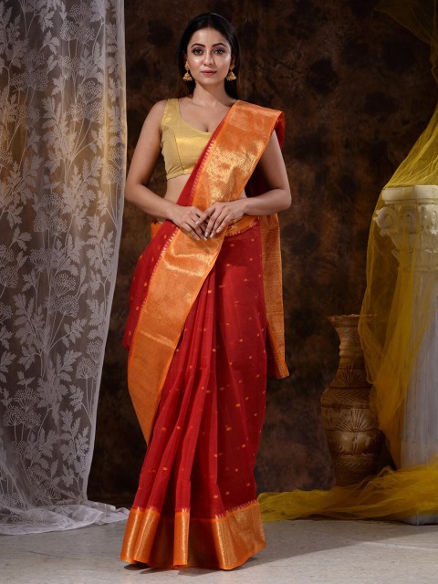 

Mitera Red & Gold-Toned Woven Design Pure Cotton Saree