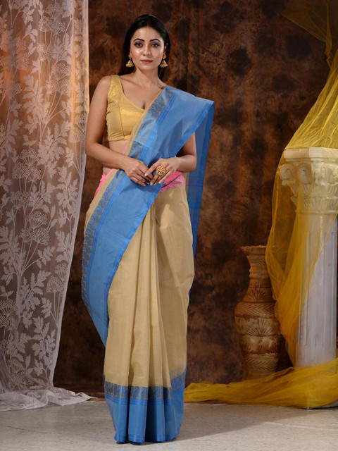 

Mitera Beige & Blue Woven Design Pure Cotton Saree