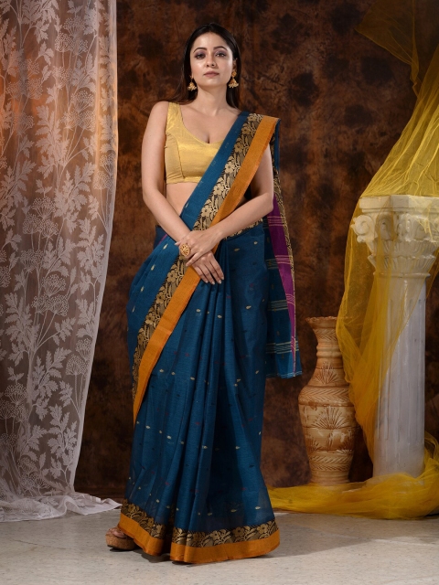 

Mitera Blue & Orange Floral Pure Cotton Heavy Work Saree