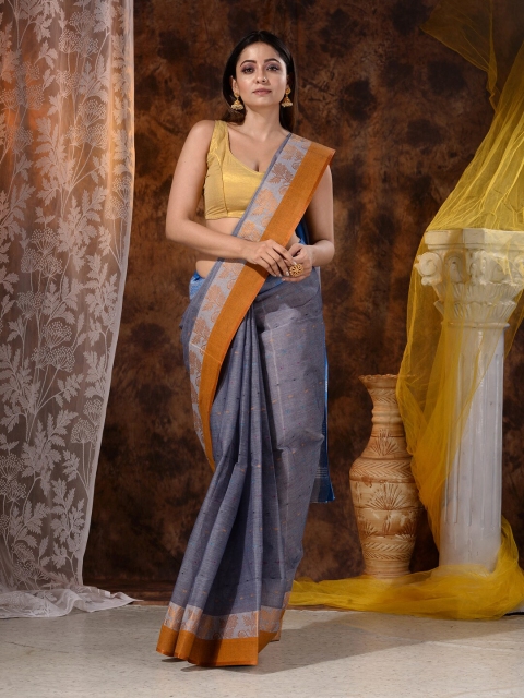 

Mitera Grey & Blue Tant Pure Cotton Heavy Work Saree
