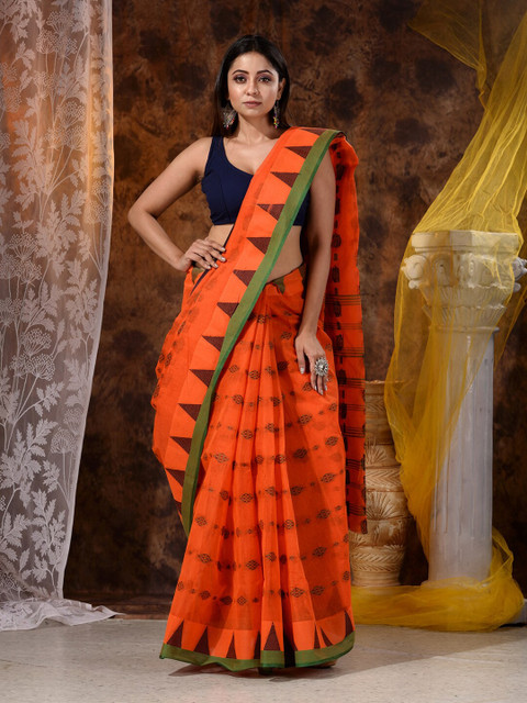 

Mitera Orange & Green Tant Pure Cotton Saree
