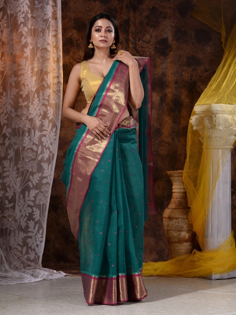 

Mitera Green & Red Floral Pure Cotton Heavy Work Saree