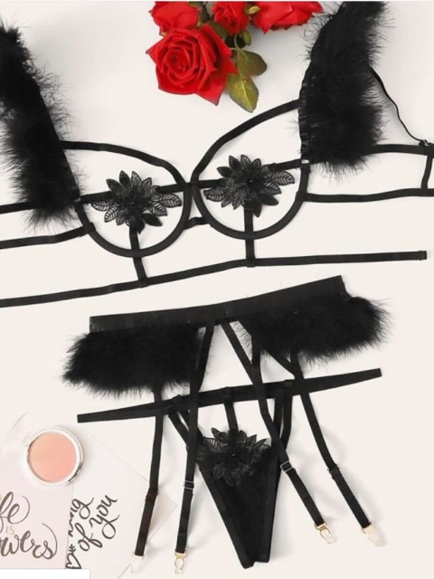 

URBANIC Pack of 3 Feather Lingerie Set - 55312, Black