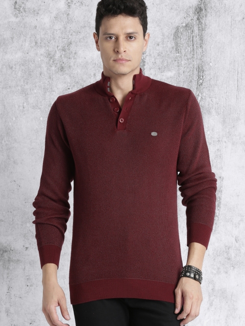 

Roadster Men Maroon Self Design Pullover