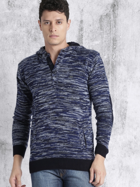 

Roadster Men Blue Self-Design Hooded Pullover