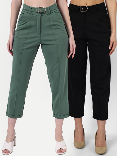 

BROADSTAR Women Pack of 2 Black Straight Fit High-Rise Non Iron Pleated Trousers
