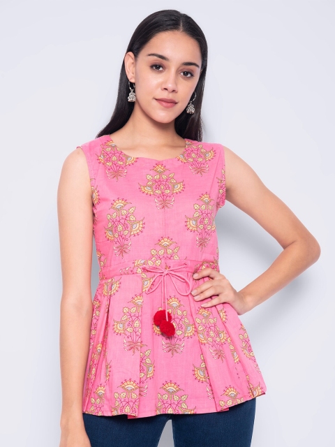 

GULMOHAR JAIPUR Pink Floral Print Waist Tie up Peplum Top