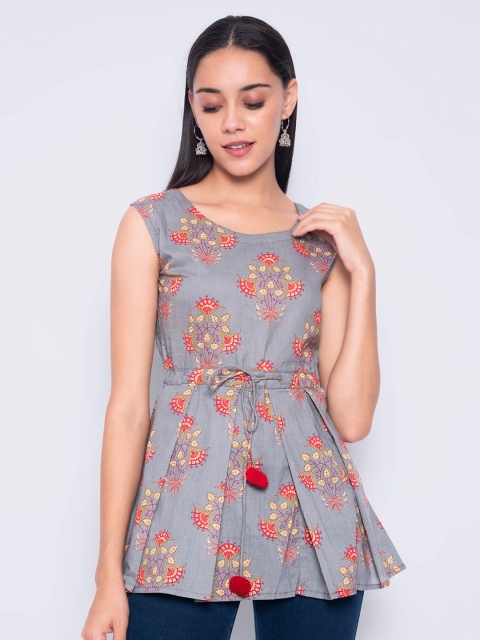 

GULMOHAR JAIPUR Grey Floral Print Cinched Waist Top