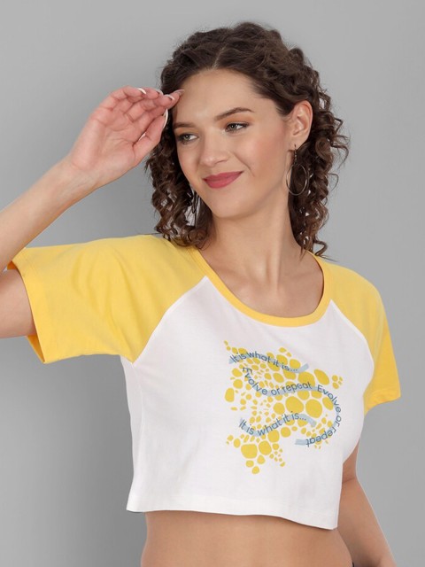

House of Mool Women White & Yellow Typography Printed Slim Fit T-shirt