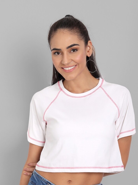 

House of Mool Women White Cropped Cotton T-shirt