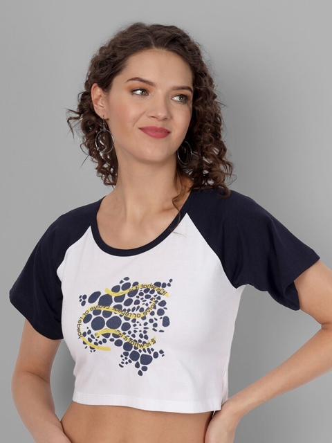 

House of Mool Women White & Navy Blue Typography Printed Slim Fit Crop T-shirt