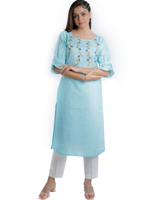 

LAAKHI Women Blue Floral Embroidered Flared Sleeves Kurta