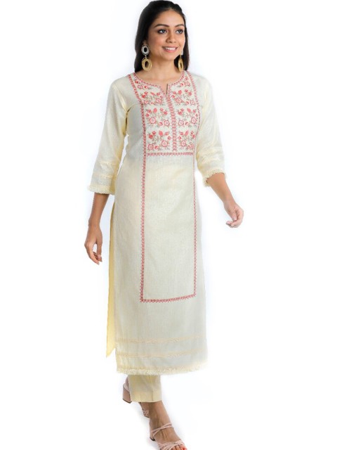 

LAAKHI Women Yellow Floral Embroidered Thread Work White Romance Kurta