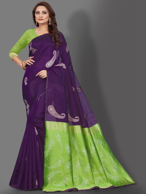 

Wuxi Purple & Lime Green Woven Design Pure Silk Banarasi Saree
