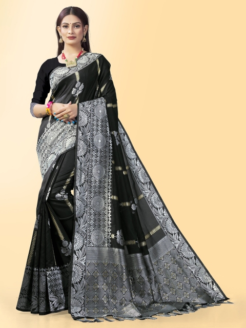 

Wuxi Black & Silver-Toned Woven Design Zari Pure Silk Banarasi Saree