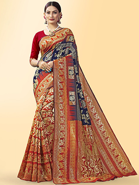 

Wuxi Red & Blue Woven Design Pure Silk Banarasi Saree