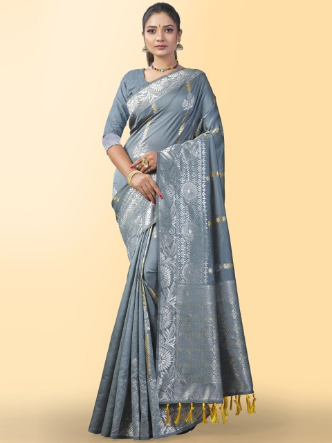 

Wuxi Grey & Silver-Toned Floral Zari Pure Silk Banarasi Saree