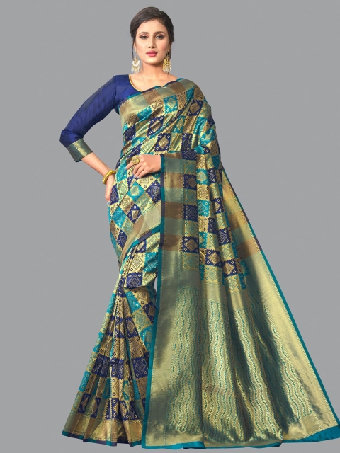 

Wuxi Green & Navy Blue Woven Design Zari Pure Silk Banarasi Saree