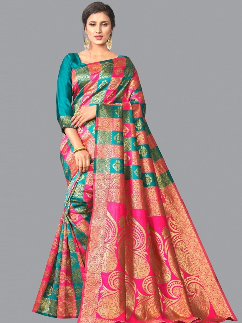 

Wuxi Pink & Green Woven Design Zari Pure Silk Banarasi Saree