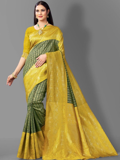 

Wuxi Yellow & Green Woven Design Zari Pure Silk Banarasi Saree