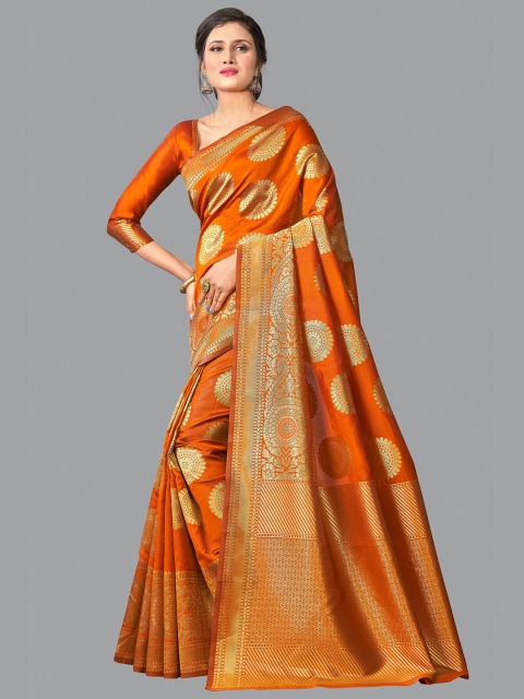 

Wuxi Orange & Gold-Toned Woven Design Zari Pure Silk Banarasi Saree