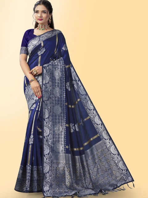 

Wuxi Navy Blue & Silver-Toned Woven Design Zari Pure Silk Banarasi Saree