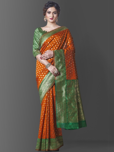 

Wuxi Women Green & Orange Zari Pure Silk Banarasi Saree