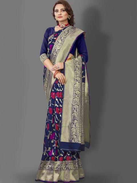

Wuxi Navy Blue & Gold-Toned Floral Zari Pure Silk Banarasi Saree