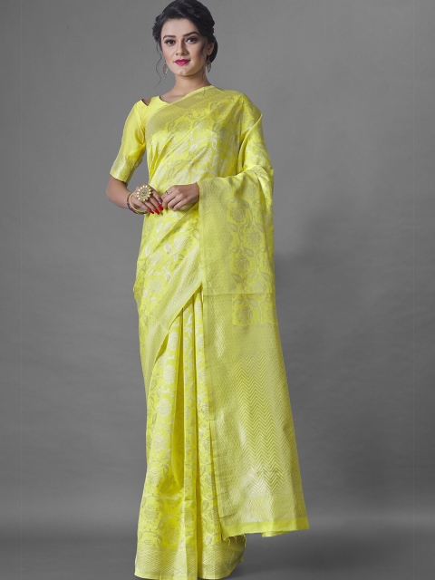 

Wuxi Women Yellow & Silver-Toned Woven Design Zari Pure Silk Banarasi Saree