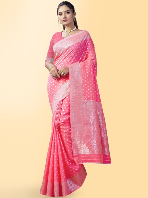 

Wuxi Women Pink & Silver-Toned Zari Pure Silk Banarasi Saree